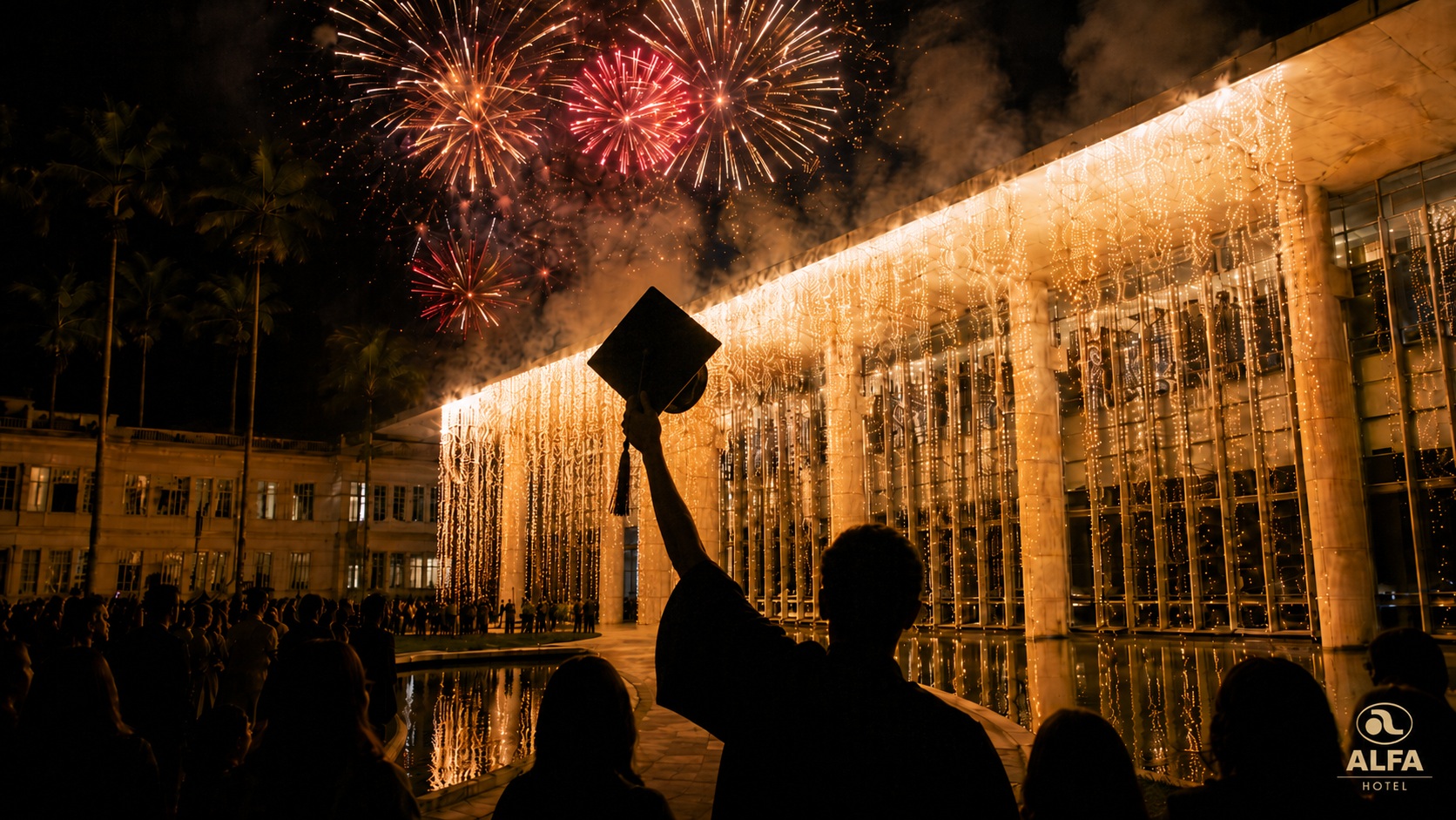 Fotografia noturna dos fogos de artifício e cascata de luzes na fachada do Espaço Fernando Sabino durante formatura da UFV em Viçosa Fotografia noturna dos fogos de artifício e cascata de luzes na fachada do Espaço Fernando Sabino durante formatura da UFV em Viçosa